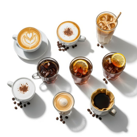 Assorted coffee drinks isolated on white backgroundの素材