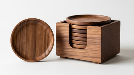 Wooden coasters set with holder isolated on white backgroundの素材