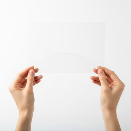 Hands holding transparent sheet of paper isolated on white backgroundの素材