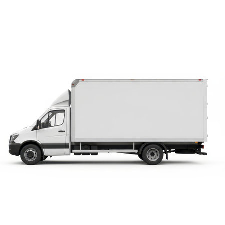 This image features a white cargo van with a transparent background. The van is positioned centrally, showcasing its side profile. It has a boxy design, typical of delivery or transport vehicles, and is equipped with a rear cargo area. The van is depicted in a clean, professional manner, suitable for commercial or logistical contexts.の素材