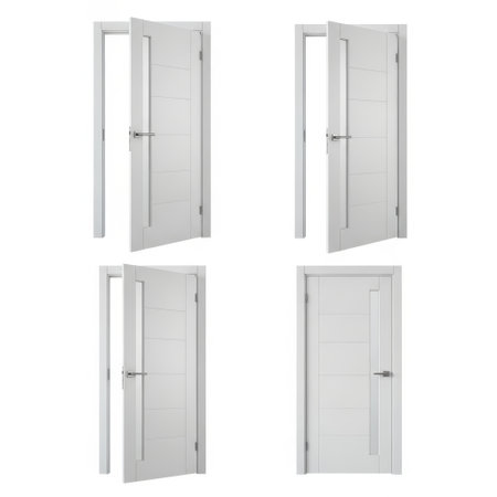 Four white doors isolated on white backgroundの素材