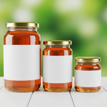 Three glass jars with white labels isolated on white backgroundの素材