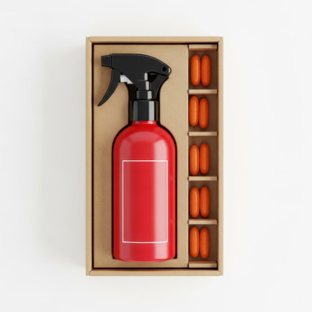 Red spray bottle and capsules set isolated on white backgroundの素材