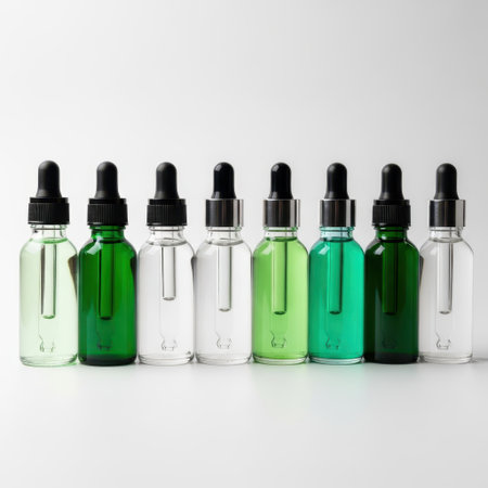 Assorted essential oil bottles isolated on white backgroundの素材