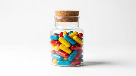 Colorful pills in glass jar, isolated on white backgroundの素材