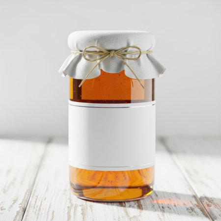Glass jar with honey and label isolated on white backgroundの素材
