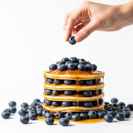 Stack of pancakes with blueberries and syrup, isolated on white backgroundの素材