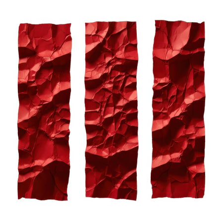 Three crumpled red paper sheets isolated on white backgroundの素材