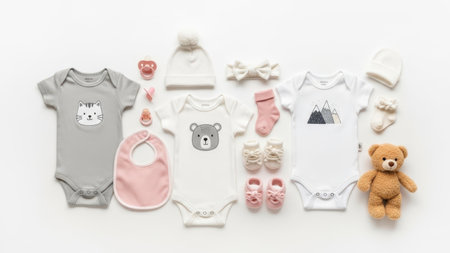 Baby clothing and accessories set isolated on white backgroundの素材