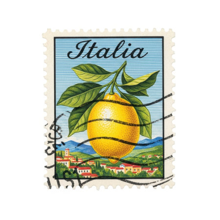 Italian lemon postage stamp isolated on white backgroundの素材