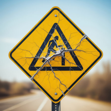 Cracked roadwork sign isolated on white backgroundの素材