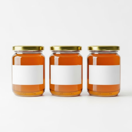 Three jars of honey isolated on white backgroundの素材