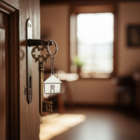 House key on door lock, isolated on white backgroundの素材