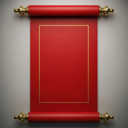 Red scroll with gold border isolated on white backgroundの素材