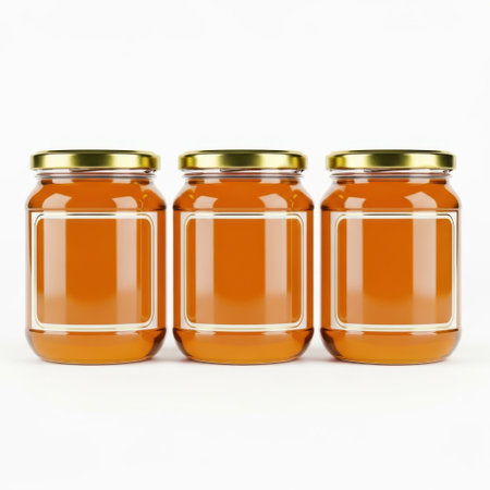 Three jars of honey isolated on white backgroundの素材