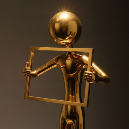 Golden statue holding frame, isolated on white backgroundの素材