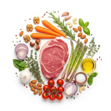 Gourmet ingredients arrangement isolated on white backgroundの素材