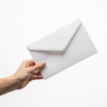 Hand holding envelope isolated on white backgroundの素材