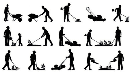 Silhouettes of people gardening isolated on white backgroundの素材