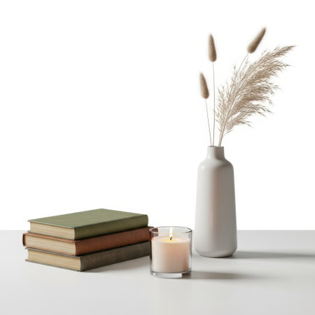 Home decor still life with books, candle, and vase isolated on white backgroundの素材