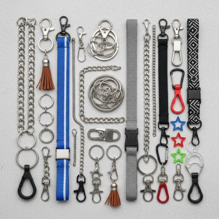 Collection of keychains and keyring accessories isolated on white backgroundの素材