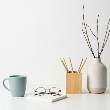 Desk accessories arrangement isolated on white backgroundの素材