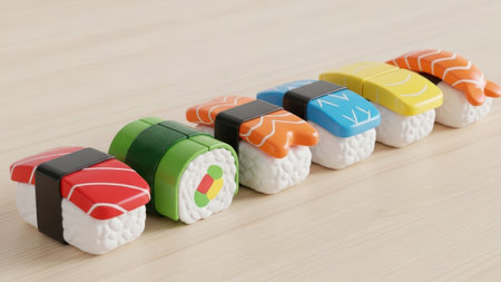 Colorful sushi rolls isolated on white backgroundの素材