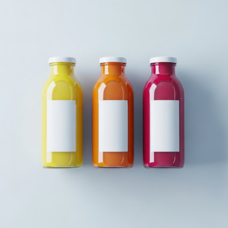 Three juice bottles isolated on white backgroundの素材