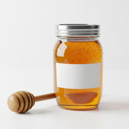 Honey jar with honey dipper isolated on white backgroundの素材