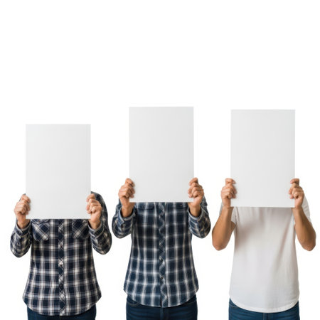 Three people holding signs, isolated on white backgroundの素材