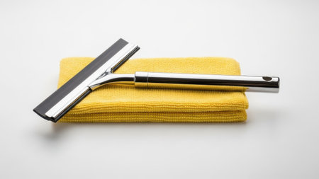 Metal razor on yellow cloth isolated on white backgroundの素材