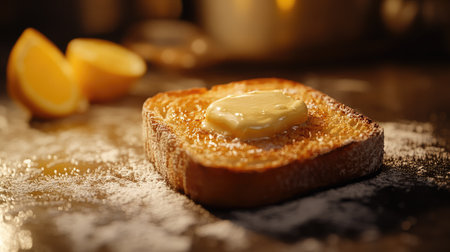A beautifully plated slice of golden toast topped with melting butter and a dusting of powdered sugar, accented by fresh lemon slices on a rustic kitchen counter.の素材