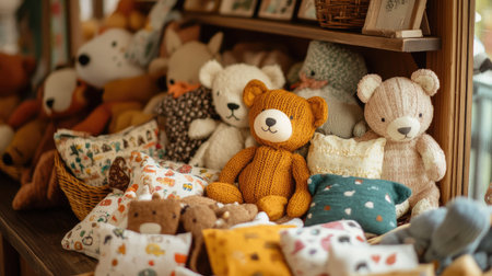 A delightful arrangement of soft toys and cushions in a cozy toy shop creates an inviting atmosphere for children and parents alike. The warm colors and charming designs enhance the comfort and joy.の素材