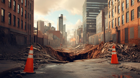 An empty urban street reveals extensive road damage and construction work, showcasing a city in transition with building remnants in the background.の素材