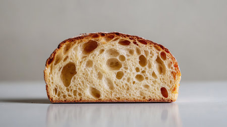 A beautifully captured slice of artisan bread showcases its airy crumb and crispy crust, perfect for culinary inspiration and food photography.の素材