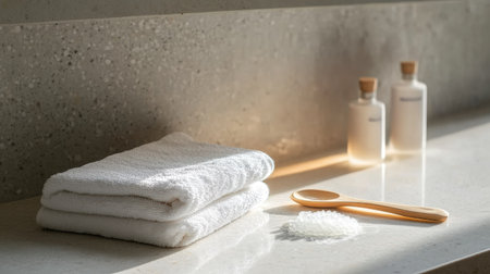 This image showcases a cozy bathroom scene featuring neatly folded white towels, a wooden spoon, and minimalist bottles, illuminated by soft natural light.の素材