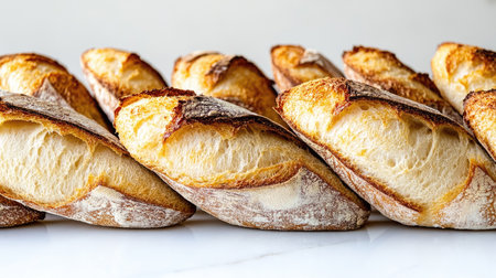 A beautiful arrangement of artisan bread loaves on a sleek white marble surface, highlighting their golden crust and inviting texture, perfect for culinary presentations.の素材