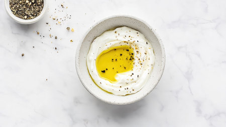 A soothing yogurt dip garnished with olive oil and spices offers a rich and creamy texture. Perfect for appetizers or snacks, this dish boasts fresh ingredients and vibrant presentation. Ideal for food photography and culinary inspiration.の素材