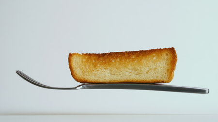 A slice of perfectly toasted bread elegantly balanced on a sleek fork, showcasing a blend of simplicity and creativity in food presentation.の素材