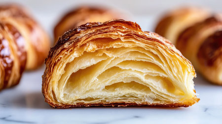 This image showcases a close-up view of a freshly baked croissant, highlighting its flaky layers and golden crust. Perfect for food lovers and culinary enthusiasts.の素材