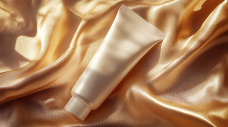 A stylish cosmetic tube set against a shimmering golden satin backdrop creates an elegant atmosphere ideal for beauty and wellness branding.の素材