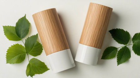 This image showcases stylish bamboo and ceramic cups elegantly positioned amidst vibrant green leaves, perfect for portraying a natural, eco-friendly lifestyle.の素材
