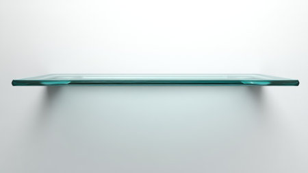 A sleek and clear glass shelf rests against a white background, featuring soft shadows and subtle reflections. Ideal for modern home decor and organization.の素材