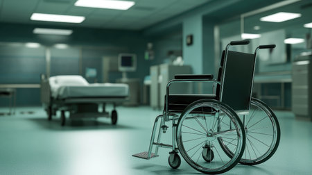 A modern hospital room featuring an empty wheelchair and a hospital bed, highlighting themes of patient care, rehabilitation, and accessibility in healthcare environments.の素材