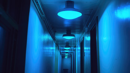 This image features a blue-lit hallway showcasing sleek modern light fixtures, highlighting the minimalist design and serene atmosphere of the space.の素材