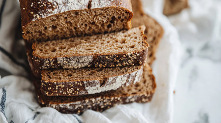 A beautifully arranged image of freshly sliced bread on a white kitchen cloth, showcasing the rustic texture and warm tones that invite a comforting culinary experience.の素材