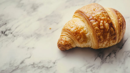 A beautifully baked golden croissant rests on a marbled surface, showcasing its flaky texture and inviting appearance, perfect for breakfast or brunch.の素材