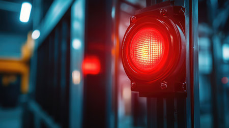 A vivid red warning light mounted on industrial equipment stands out in a workshop, emphasizing safety and alertness in busy environments.の素材