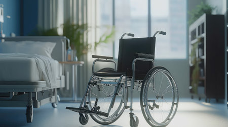 A serene hospital room featuring an empty wheelchair beside a bed, symbolizing care and accessibility in a modern healthcare environment, creating a calming atmosphere.の素材