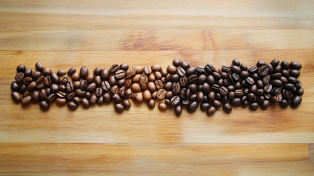 A beautiful assortment of coffee beans arranged in a line on a wooden surface, showcasing different roast levels and textures, appealing to coffee aficionados.の素材